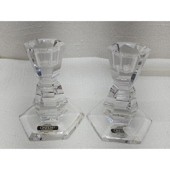 Vintage Rare Oneida Lead Crystal Set 2 Candlesticks Candle Holders - Picture 1 of 12